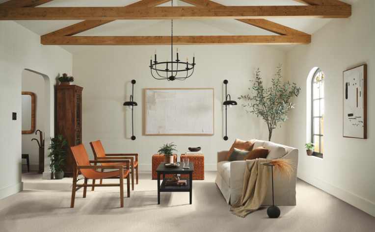 fall themed living room with cozy layers and carpet