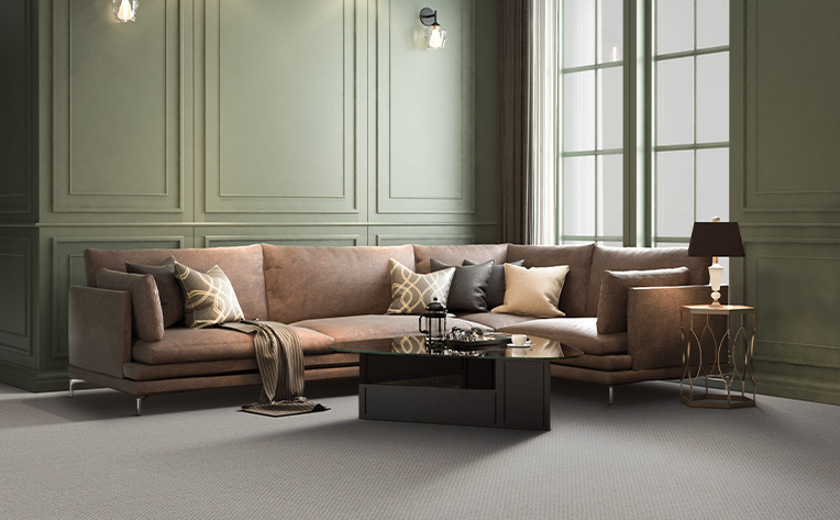 light beige carpet in living room with sage green walls